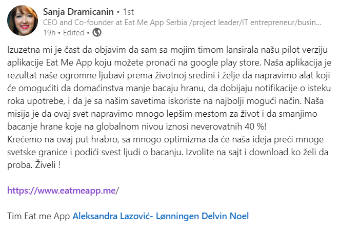 <a href="/DramicaninSanja/">Sanja Dramicanin</a> sa ekipom pokrenula super korisnu app. Srećno Sanja, ideja je sjajna! 

eatmeapp.me 

#EatMeApp #WW #startup