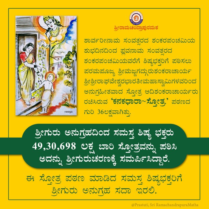 SriSamsthana's tweet photo. ಕಳೆದ #ಶಂಕರ_ಪಂಚಮಿ ಯಿಂದ ಈ #ಶಂಕರ_ಪಂಚಮಿ ಯ ವರೆಗೆ ೩೬ ಲಕ್ಷ ಬಾರಿ #ಕನಕಧಾರಾ ಸ್ತವವನ್ನು ಪಠಿಸುವಂತೆ ನಮ್ಮ ಮಾತೆಯರಿಗೆ ಗುರಿ ನೀಡಲಾಗಿತ್ತು. ಸಾಧಿಸಲಾದ ಸಂಖ್ಯೆ ಹತ್ತಿರ ಹತ್ತಿರ ೫೦ ಲಕ್ಷ!

ಹೇಗೆ ನೋಡಿದರೂ ನಮ್ಮ ಮಾತೆಯರು ಸರ್ವರಿಗೂ ಮಾದರಿಯಾಗಿದ್ದಾರೆ ಎನ್ನಲು ಹೆಮ್ಮೆ ಎನ್ನಿಸುತ್ತದೆ!

@ShankaraPeetha @maatrutwam @mahamandala https://t.co/njacTLo23c