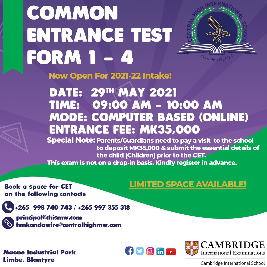 centralhighmw's tweet image. Central High International School is all set to conduct, for the first time ever, a computer-based common entrance test for the new intakes Form 1 to Form 4 in the academic year 2021-22.
Admissions open!
#CommonEntranceTest #CET #2021_22intake #AdmissionsOpen