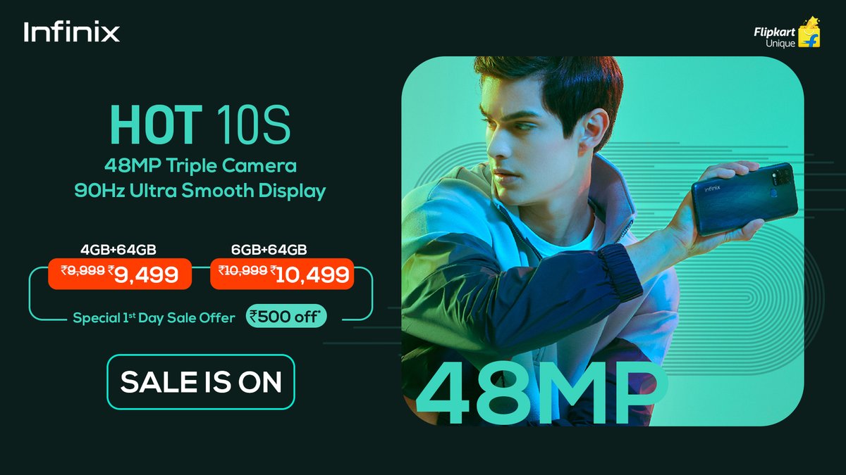 InfinixIndia's tweet photo. The wait is finally over! The first sale for Infinix #Hot10S is live! Get your hands on a device that packs #ALotExtra with 48MP nightscape camera, Helio G85 processor at just ₹ 9,999/
Special first day offer – Get 500 off 😍😍😍

Buy now on Flipkart:  https://t.co/OvoOhbA4PY https://t.co/3YkMOYPKLd