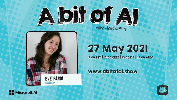 CsharpCorner's tweet image. Join @hboelman and @AmyKateNicho with guest speaker @EvePardi, today at 10:00 AM(CEST) for the next episode of @AbitofAI. 

Live streaming at csharp.live

#abitofai #csharpcornerlive #ArtificialIntelligence #live #AI #MicrosoftAI