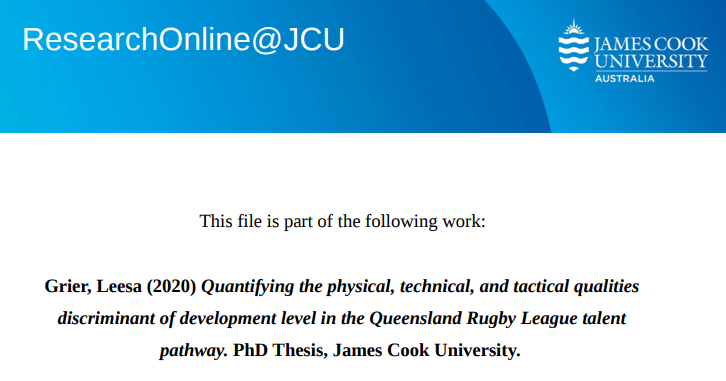JCUCHS's tweet photo. Recent #JCUSportExerciseScience #PhD: Grier, Leesa (2020) Quantifying the physical, technical, and tactical qualities discriminant of development level in the Queensland Rugby League talent pathway. PhD thesis, James Cook University.
https://t.co/d2LAy8Q5uu https://t.co/rtntfG8yHG
