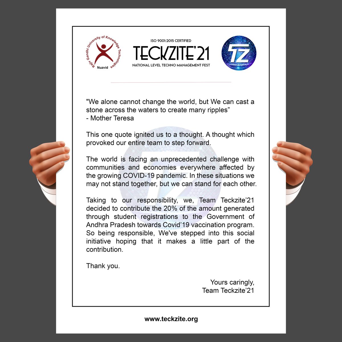teckzite's tweet photo. It's our social responsibility π
- team @teckzite_rguktn
https://t.co/fSJtrYATs5
#teckzite #rgukt #teckzite21 #techfest #technology #technicalfest #competitions #workshops #donate #donation #covidfund #vaccination #corona #help #collegefest #internships #placements https://t.co/edQMJ8Phve