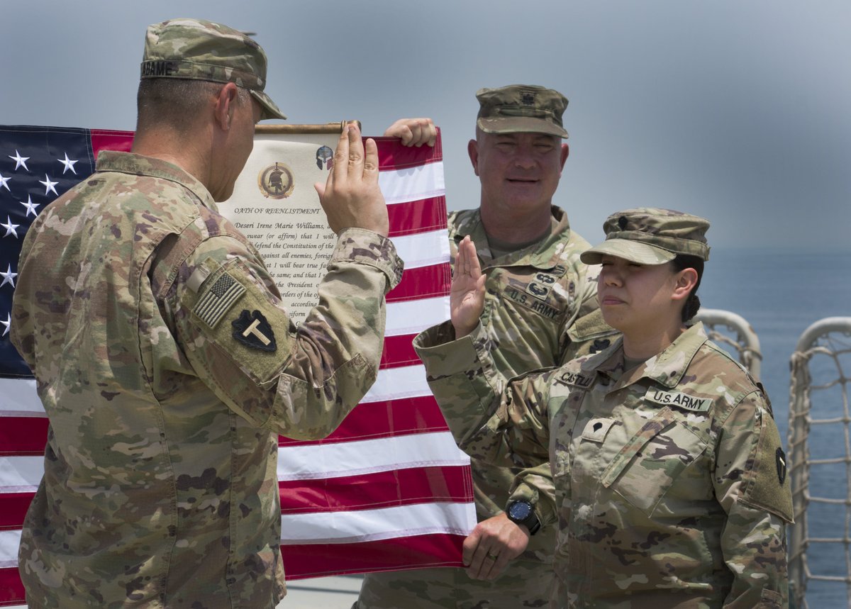 TFSpartan's tweet image. Congratulations to Spc. Karina Castillo, Spc. Deseri Williams and Sgt. Emily Luker with the Task Force Spartan JAG office who recently had the opportunity to reenlist in the Texas National Guard onboard a Kuwaiti Navy Ship. #stayarmy #reenlist