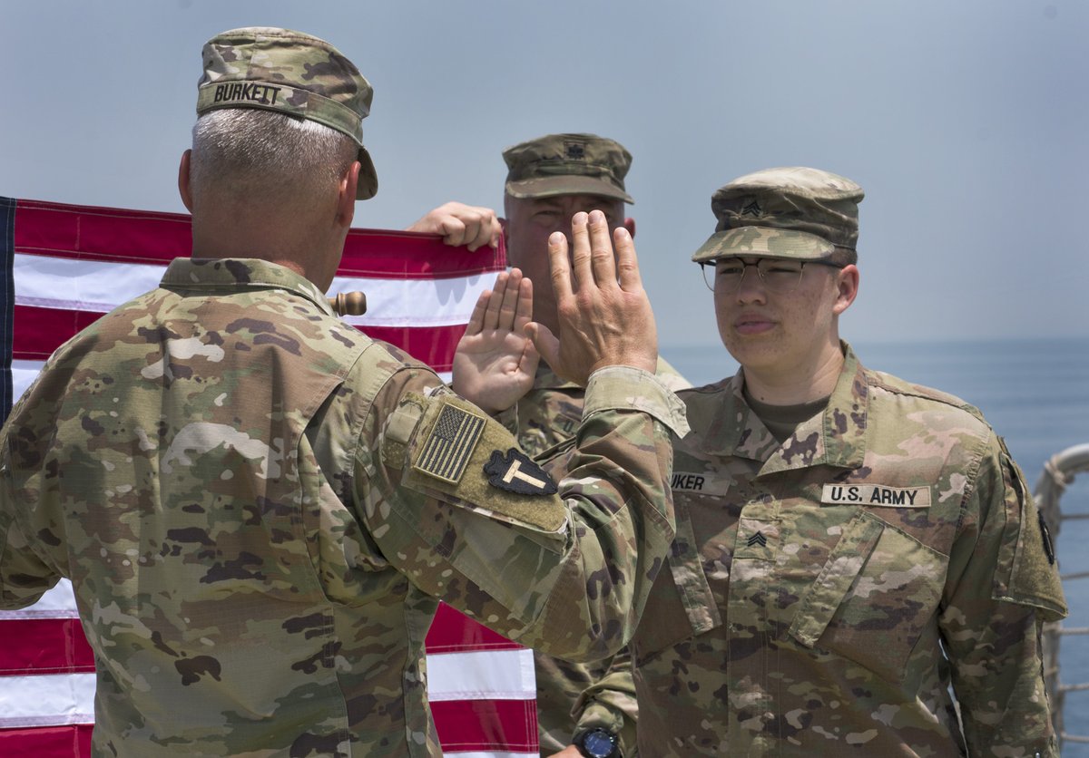TFSpartan's tweet image. Congratulations to Spc. Karina Castillo, Spc. Deseri Williams and Sgt. Emily Luker with the Task Force Spartan JAG office who recently had the opportunity to reenlist in the Texas National Guard onboard a Kuwaiti Navy Ship. #stayarmy #reenlist