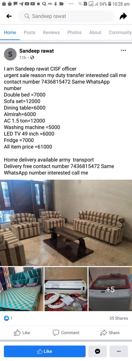 ritik_818's tweet photo. @Cybercellindia here is post from facebook offering household items cheap. Called and didn't feel he was authentic, he might be as well. I request you to please check the authenticity as he is using a name of an Army Officer. Save people from getting scammed. https://t.co/xx9yWtH8dE