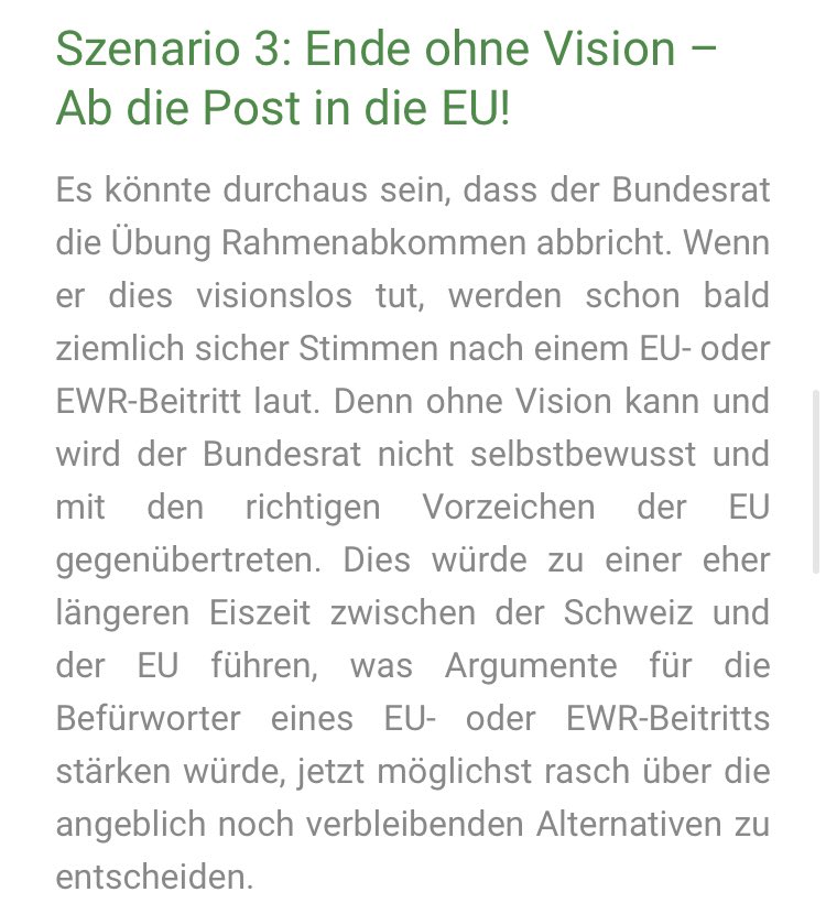 Unser Szenario 3 wird nun eintreten: 
„Denn ohne Vision wird der BR nicht selbstbewusst und mit den richtigen Vorzeichen der EU gegenübertreten. Dies würde zu einer eher längeren Eiszeit zwischen der CH und EU führen, was Argumente für die Befürworter eines EU-Beitritts stärkt“