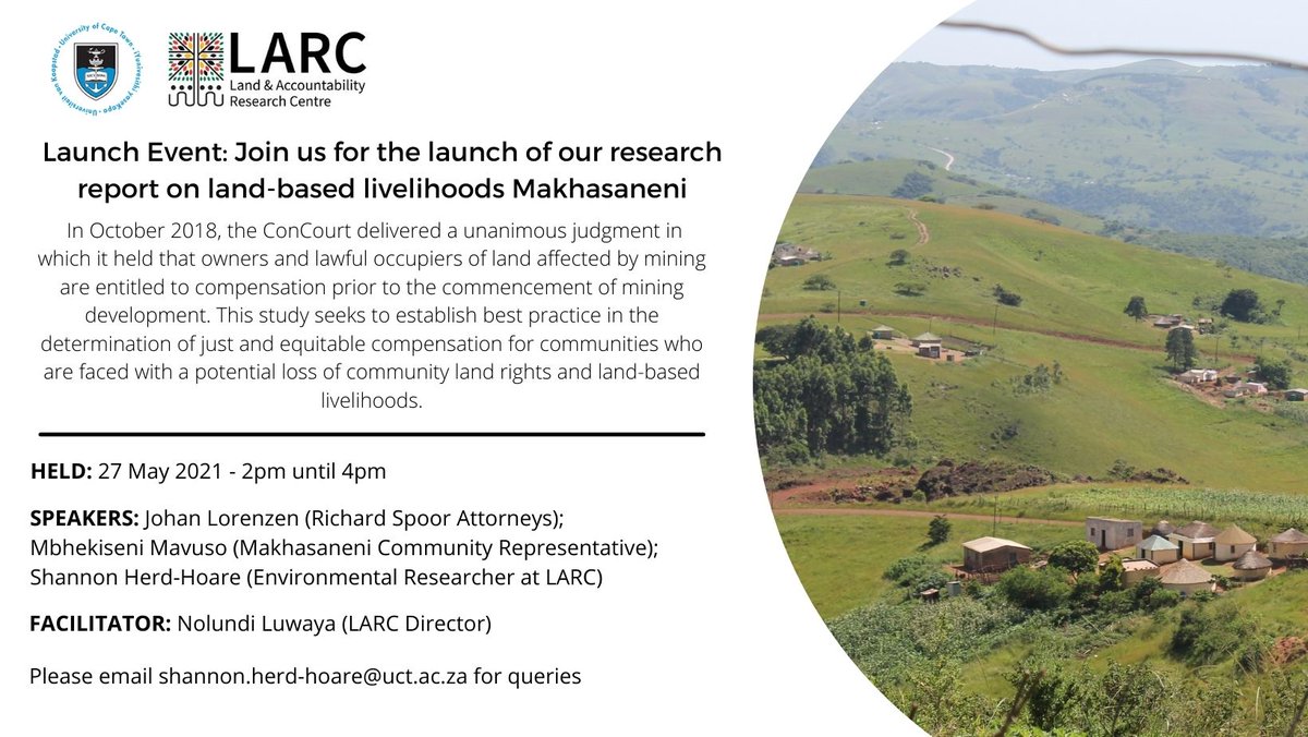 TODAY: LAND-BASED LIVELIHOOD REPORT LAUNCH

Join us in conversation with <a href="/JohanLorenzen/">Johan Lorenzen</a>, Rev Mavuso and <a href="/shanherdhoare/">Shannon Herd-Hoare</a> who discuss what fair compensation looks like for rural people who face development induced displacement. 

Link: bit.ly/land_based_liv…