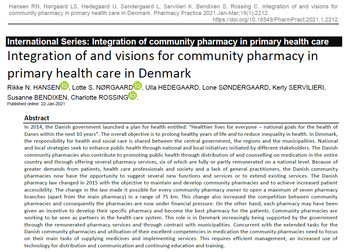 PharmPract's tweet image. Integration of and visions for community pharmacy in primary health care in Denmark 

Danish community pharmacies now have the opportunity to suggest several new functions and services or to extend existing services.

pharmacypractice.org/journal/index.…
#pharmacy #Denmark