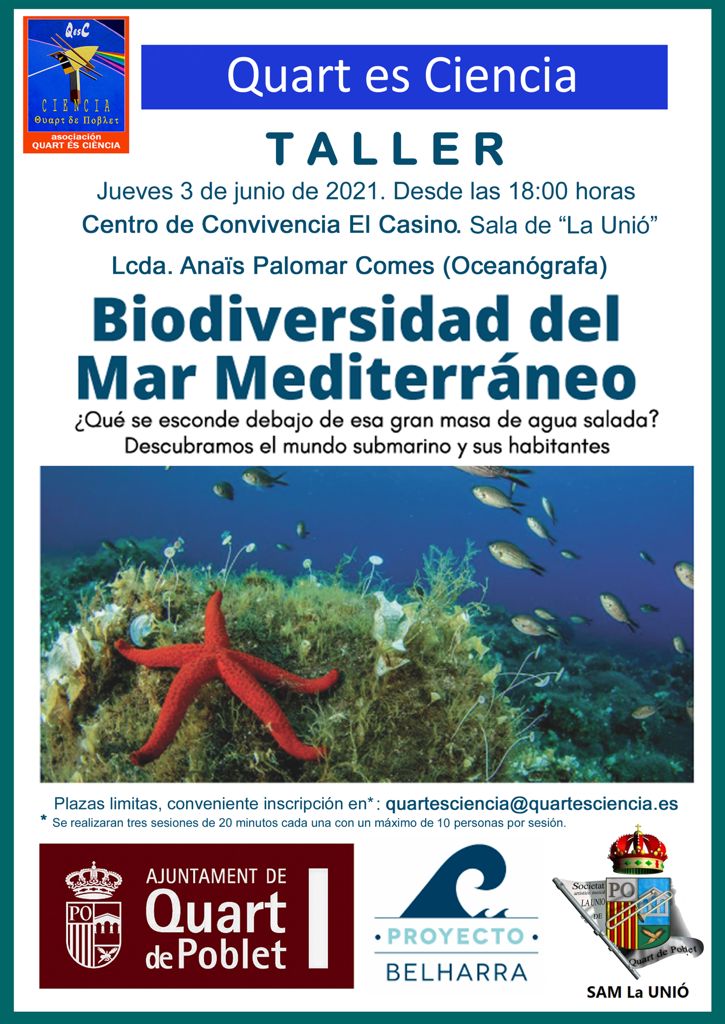 QuartesCiencia's tweet image. La conferencia vendrá precedida de un TALLER sobre la "Biodiversidad en el mar Mediterráneo". A partir de las 18h, en el local de @LaUniodeQuart en el Teatro del Casino. Plazas limitadas, se requiere inscripción escribiendo a: quartesciencia@quartesciencia.es