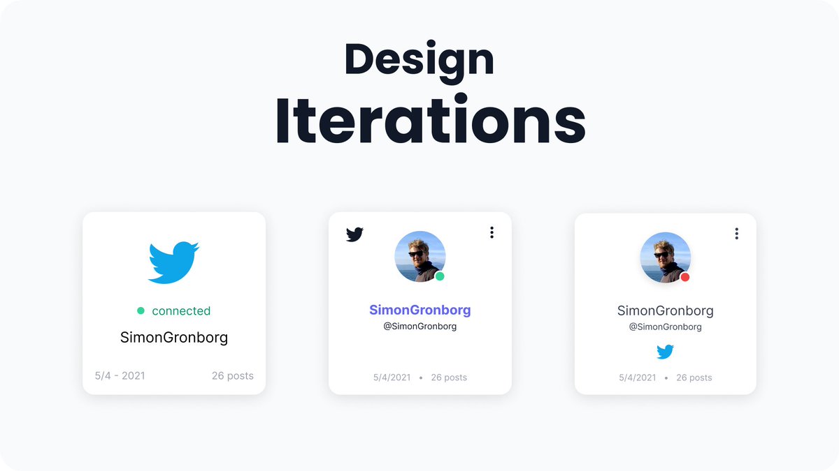 SimonGronborg's tweet photo. UX design is best done in iterations! 

Idea -> design -> evaluate -> refine

I went through a lot of ideas and drafts before landing on the current socials page. And here a the 3 final drafts before the implementation.

Just to share some insight into the process 😄 https://t.co/pYL6QvipHV