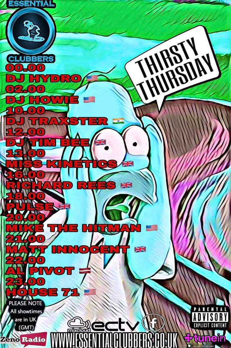 ESSENTIALCLUBB3's tweet photo. THIRSTY THURSDAY 

PLEASE NOTE: All showtimes are shown in UK time (GMT) 

#ecradio #Essentialclubbers #NowPlaying #chat #listenlive #tuneinapp #Radio #jointhemovement #Facebook #mixcloud #Instagram #worldwide https://t.co/mQSjrYZ96Q