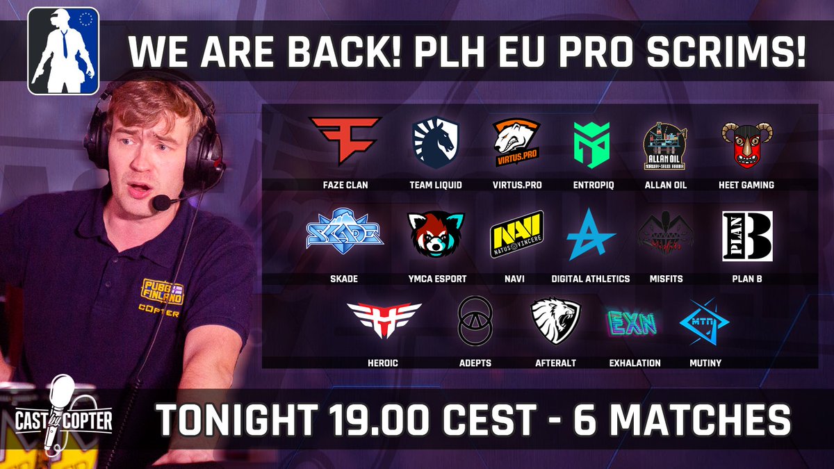 Tonight <a href="/PLHpubg/">PLH PUBG</a> scrims are happening! 🔥

The hiatus is over. This means that TOP EU teams will be playing tonight! Join us for 6 maps of intensive action as the teams are preparing for upcoming tournaments! 😓

🇬🇧 19 CEST twitch.tv/CastByCopter

👉 #PUBG <a href="/PUBGEsports/">PUBG Esports</a>