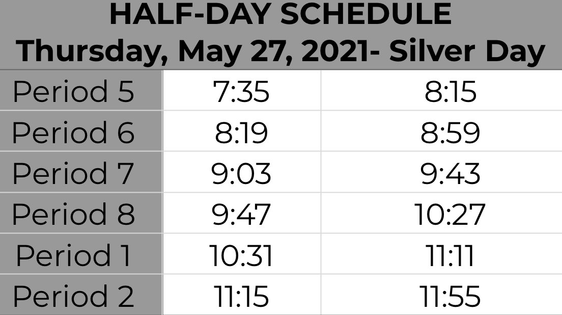 Here is the half-day schedule today! Have a great day! <a href="/HPRwildcats/">High Point Regional High School</a> <a href="/hprhs_emilys/">Emily Shauger</a> <a href="/hprhs_keirra/">Keirra Wingle</a> #halfday #prom