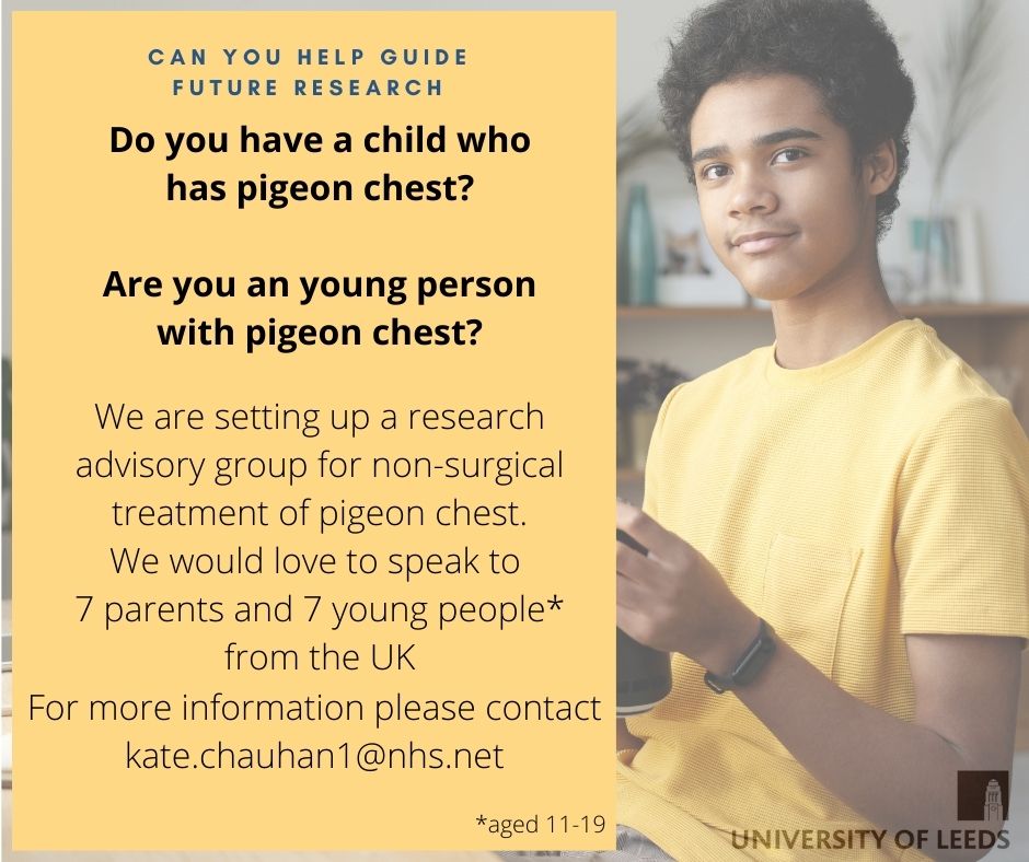 KateChauhan's tweet photo. Can you help direct and develop future research into #pectuscarinatum or #pigeonchest. We are setting up a research advisory group and would be interested in your opinions. Please contact for more information. @LeedsBRC @LeedsMedHealth @NIHRcommunity @ https://t.co/fhs2bPlltu