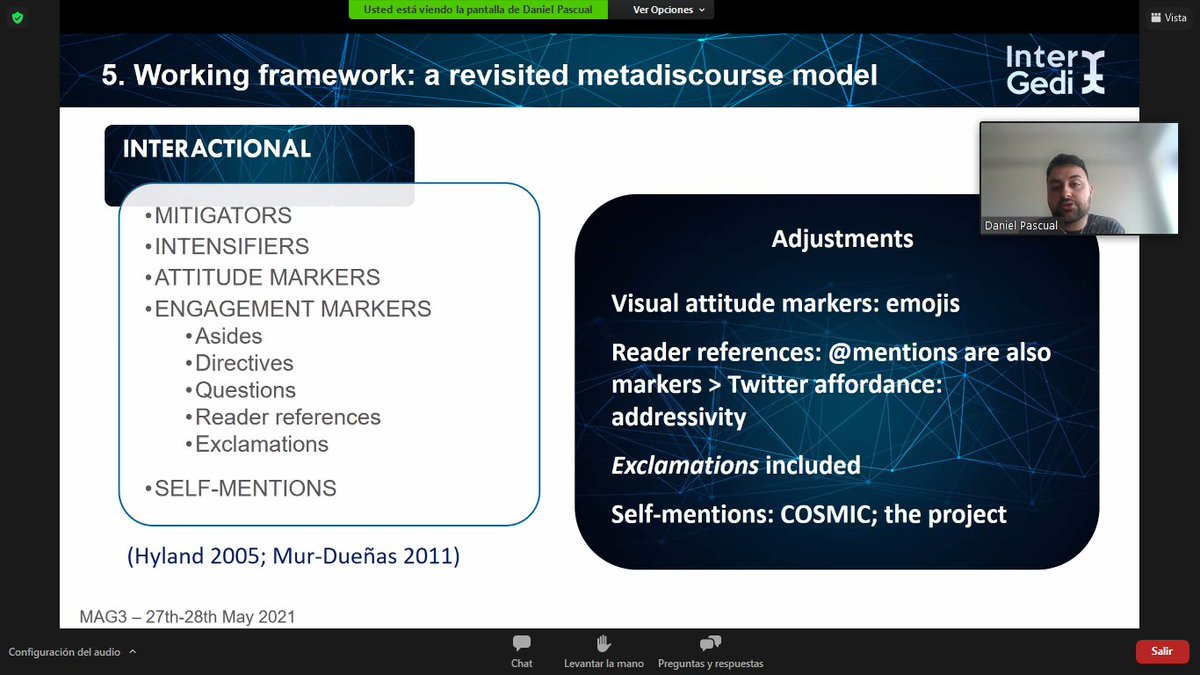 ana_albalat_m's tweet photo. Listening to @daniel__pascual and @pilarmurduenas talking about the adoption of #metadiscourse strategies when tweeting about #EUresearchprojects. Congratulations on such a comprehensive and insightful presentation. #MAG2021 https://t.co/0mqQ2x66G2