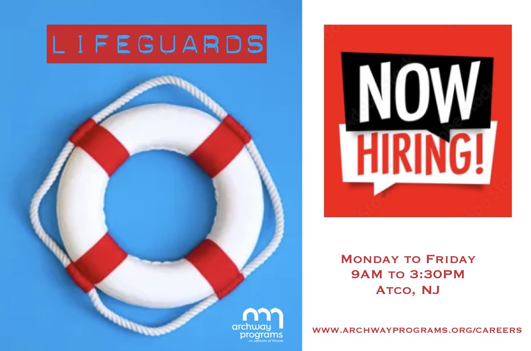 ArchwayPrograms's tweet image. Looking for a summer job with weekends off? Dive into a great job at Archway and apply for a lifeguard position! Archway is located in Atco, New Jersey and will certify on-site. Hours are 9:00AM to 3:30PM, Monday through Friday. Apply online at bit.ly/2RIyCvw.