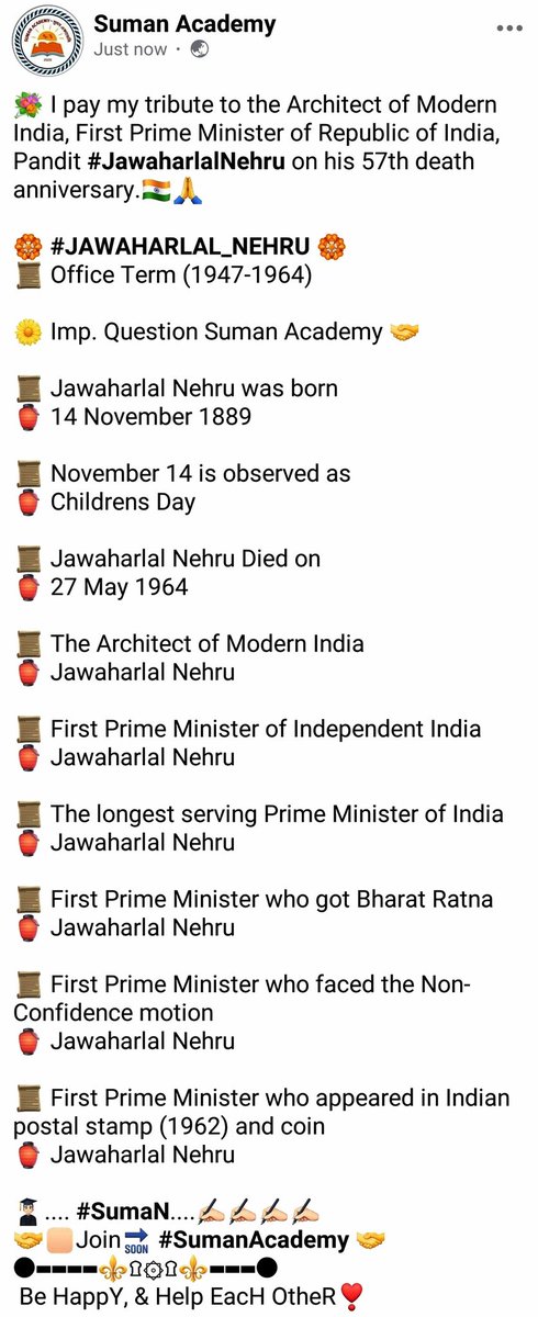 SumanAcademy's tweet photo. 💐 I pay my tribute to the Architect of Modern India🇮🇳, First Prime Minister of Republic of India, Pandit #JawaharlalNehru on his 57th death anniversary.🙏🇮🇳 https://t.co/15IvSXm7mD