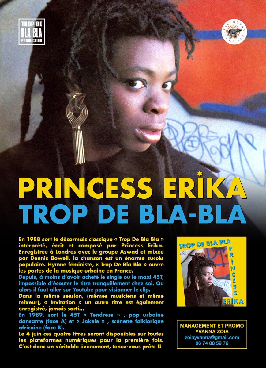 Le 4 juin « Trop de Bla Bla » pour la PREMIÈRE FOIS sortira sur toutes les plateformes numériques !! Avec en prime les titres « Invitation » jamais sorti, « Tendress » et « Jokele ». Je suis super excitée !! Merci à <a href="/balandras/">Laurent Balandras</a> ❤️ et toute l’équipe !! Tenez-vous prêts 👍🏿