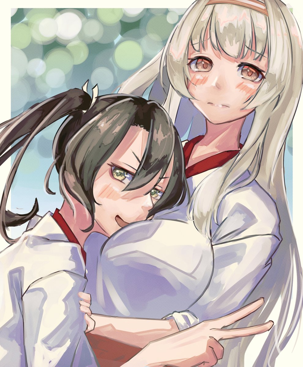 shoukaku (kancolle) ,zuikaku (kancolle) multiple girls 2girls long hair japanese clothes twintails white hair headband  illustration images