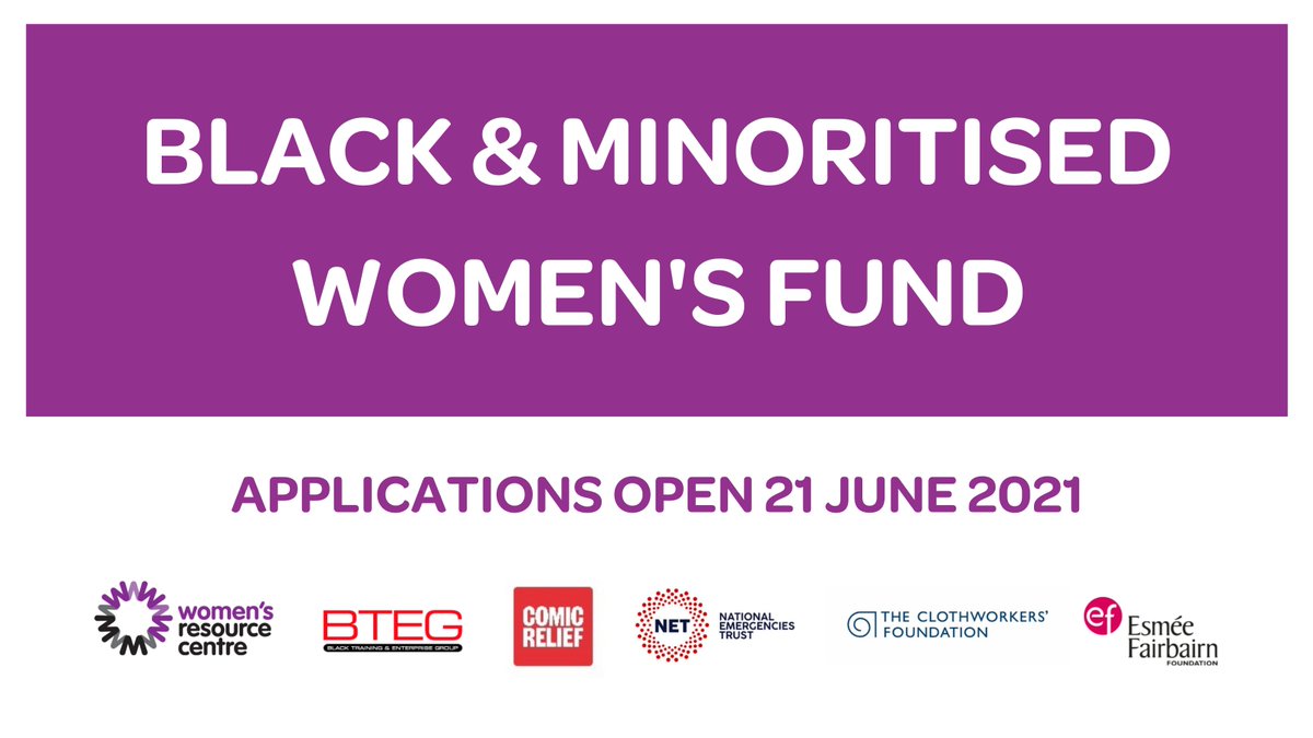 Apply for a £5K or £10K grant through the Black &amp; Minoritised Women's Fund! 

Open to Black &amp; minoritised, led by &amp; for women’s organisations based in England &amp; impacted by COVID-19.

Find out about the fund at an info session on 3 June or 18 June: bit.ly/3vsbEr2