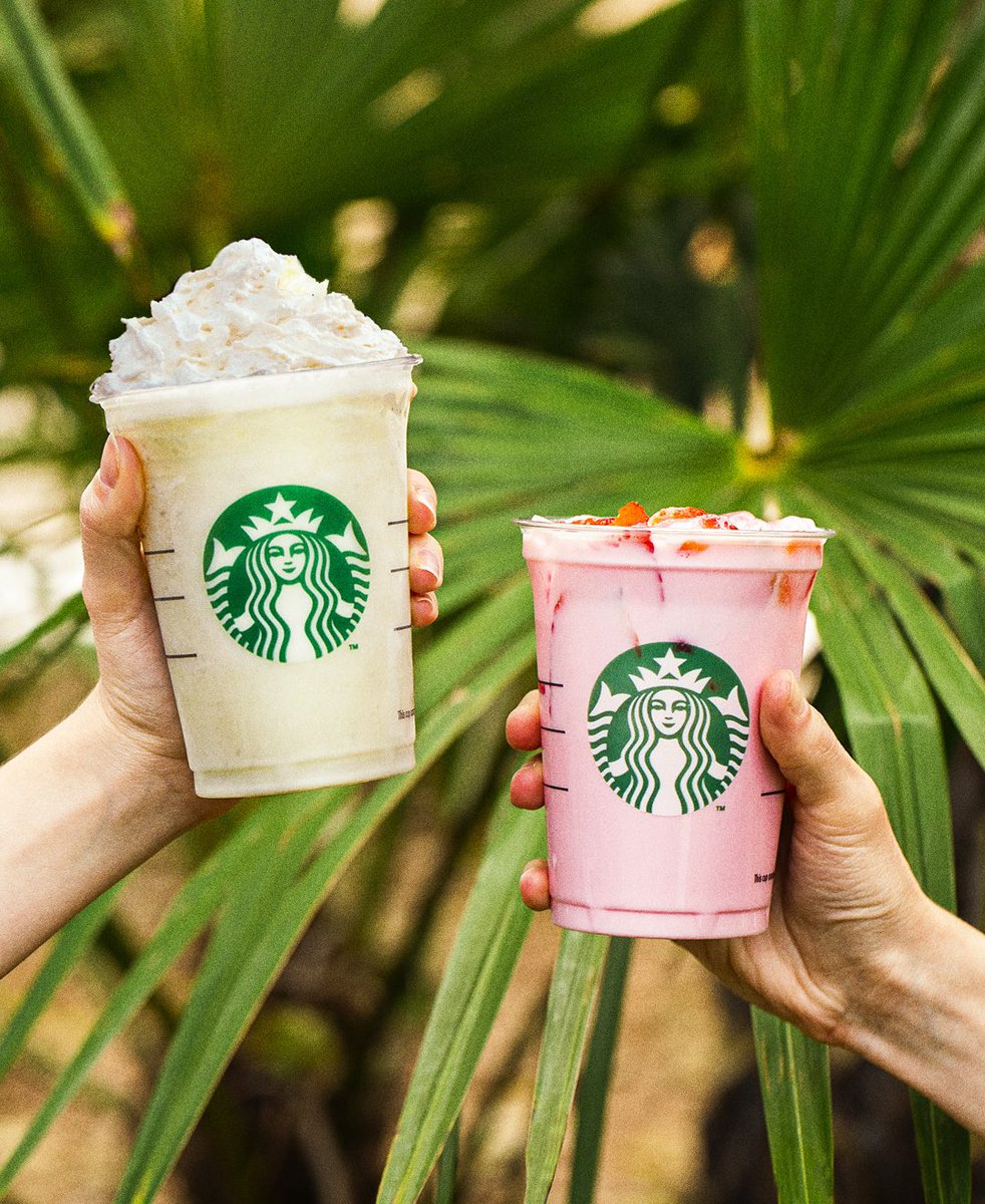 StarbucksPTG's tweet photo. Qual é o sabor do seu verão? Comente com 🌴 para #Frappuccino ou com 🍓 para #PinkCoconut #EsteVerãoLevaOSeuNome https://t.co/exFnRFpOYu