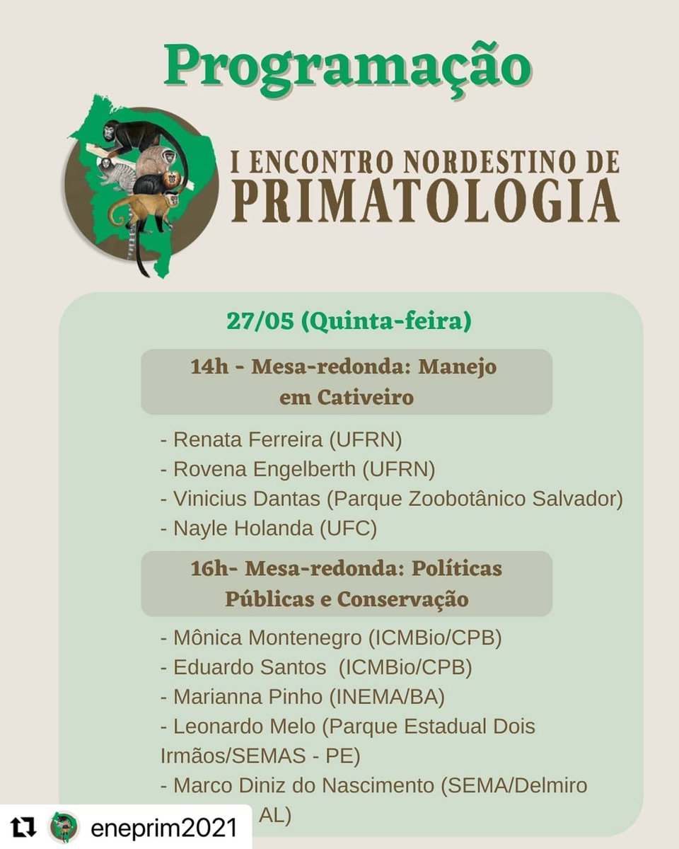 sbprimatologia's tweet photo. E as atividade do @IenePrim continuam nesta quinta a tarde, com mesas-redondas sobre Manejo em Cativeiro e Políticas Públicas e Conservação. Bora assistir? #primatologia #PrimatologiaBrasileira #Nordeste https://t.co/0xdzv9azXo