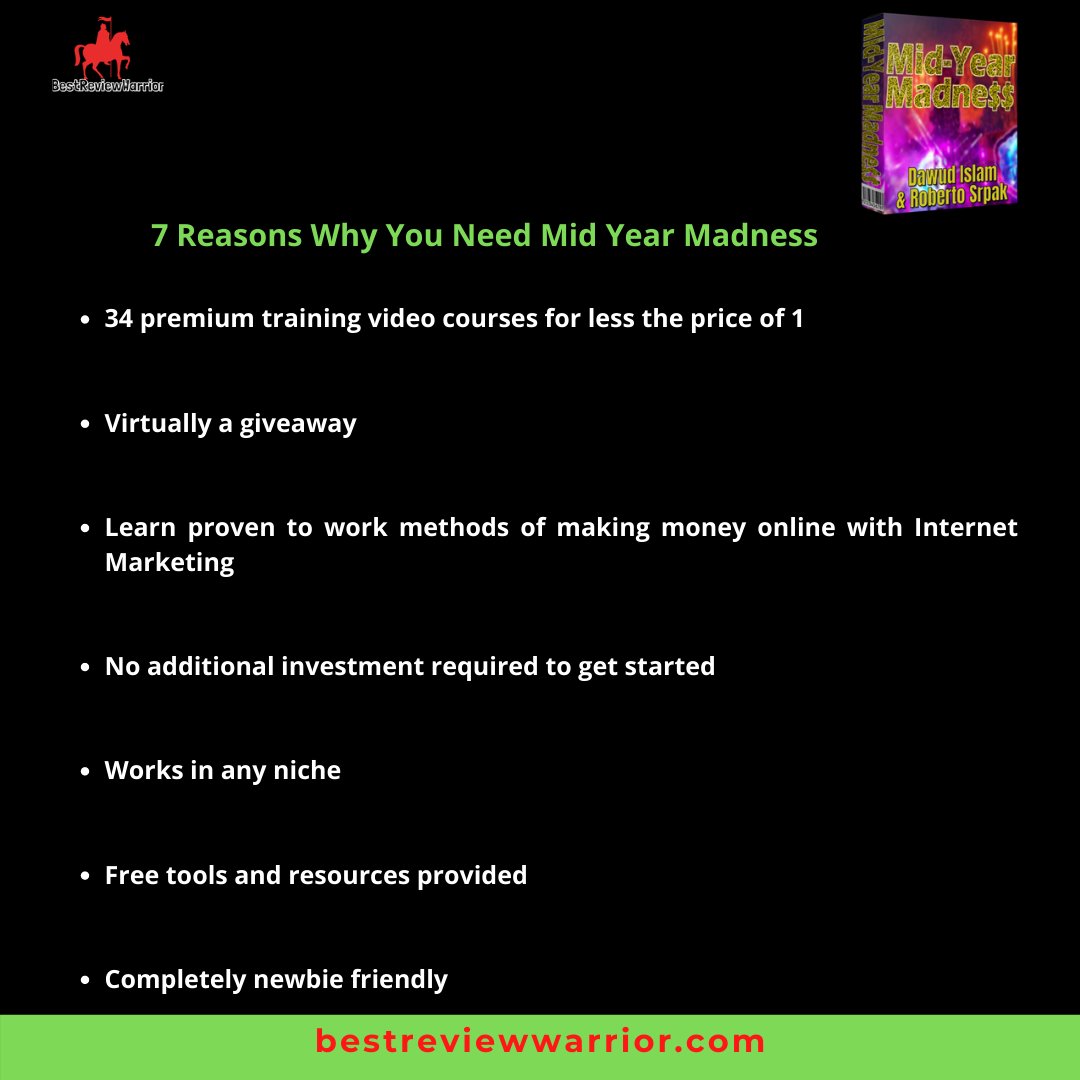 34 Premium training video course for less than the price of 1

Learn proven to work online marketing techniques

Completely FREE to get started with

bestreviewwarrior.com/mid-year-madne…