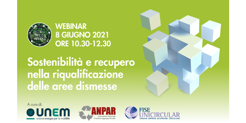 unicircular's tweet photo. #SaveTheDate 
Nell'ambito delle #DigitalGreenWeeks di @Ecomondo #FISEUnicircular, @unem_it e @anparorg organizzano il webinar “Sostenibilità e recupero nella riqualificazione delle aree dismesse”.

⏰ 8 giugno | ore 10,30
🔴 #LiveStreaming 

Info
https://t.co/zfLdmaMngj https://t.co/Lq7UDo9ICe