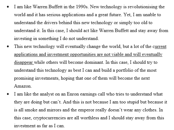 beursanalist's tweet photo. Mooi stuk van Klement vandaag over crypto's.
Een van de volgende drie statements is waar. 
De vraag is welke? https://t.co/UQjoufxQ3u