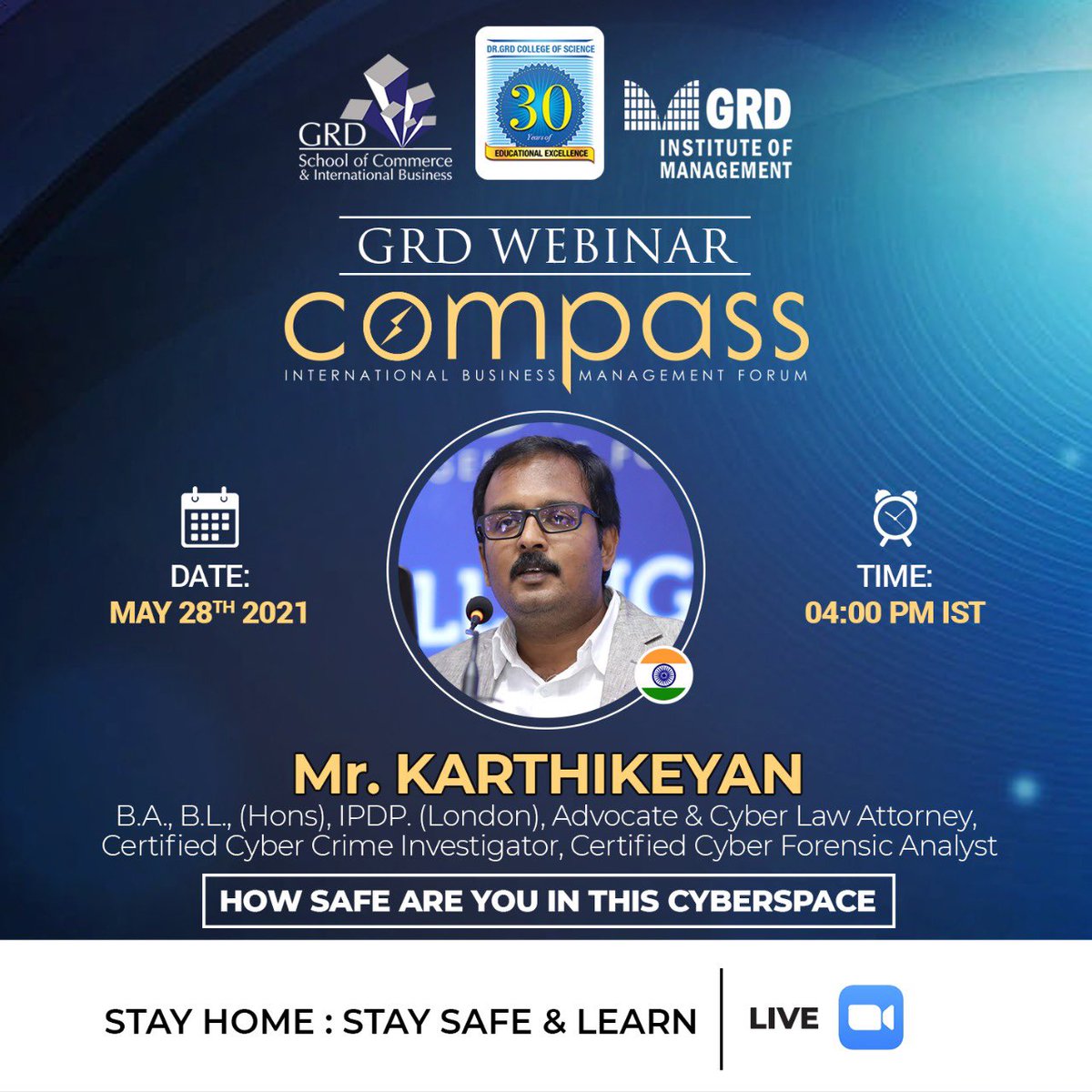 drkkr's tweet photo. Happy to host a good friend Mr Karthikeyan to share with us his insights and expertise on the most relevant topic : “How safe are you in this cyberspace” on 28th May 2021 at 4.00pm at #GRDWEBINAR : join us..! https://t.co/rz6mOIDqMh