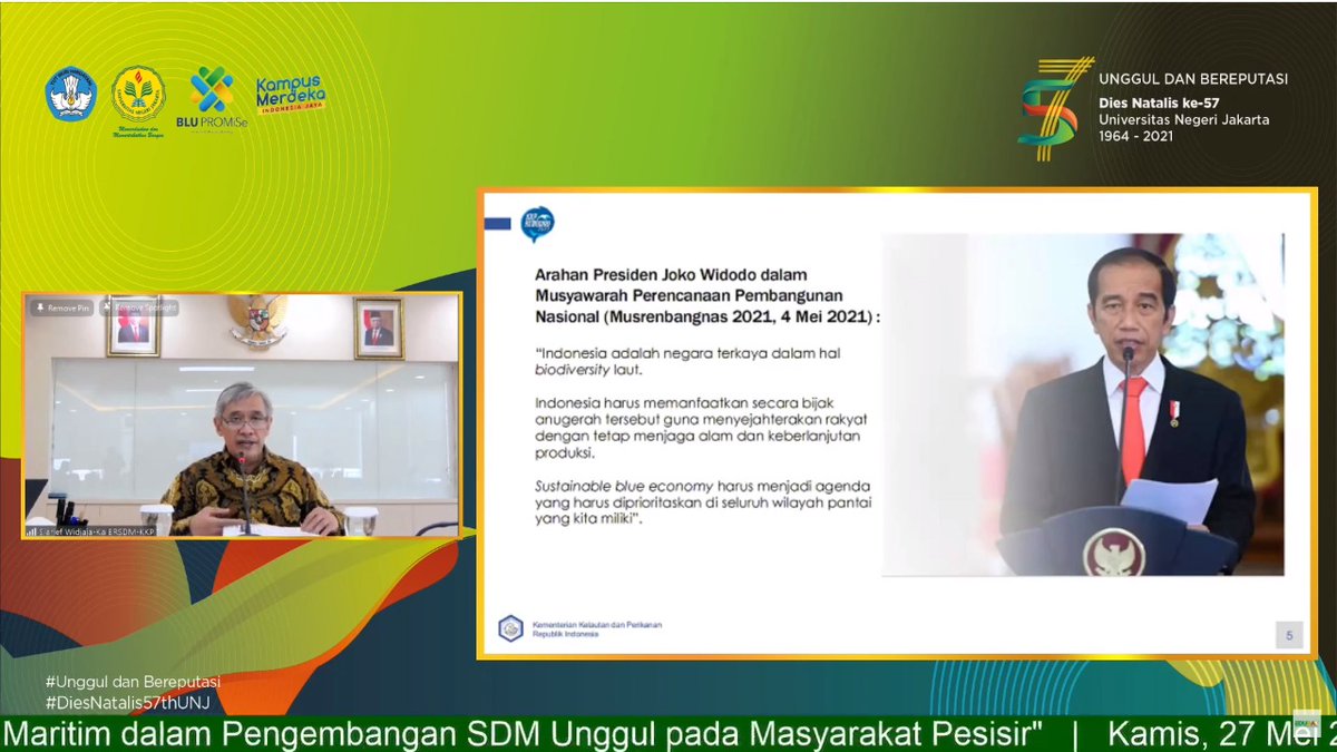 bppsdm_kp's tweet photo. Kepala #BRSDM @sjariefwidjaja pd webinar tsb menyampaikan materi Strategi Pendidikan Kemaritiman dlm Membangun SDM Unggul. Menurutnya, perlu membangun public awareness bahwa kelautan &amp; perikanan merupakan sektor yg menarik utk masa depan bangsa (27/5). #KKPRebound #RisetdanSDMKP https://t.co/IR7wp9fSAZ