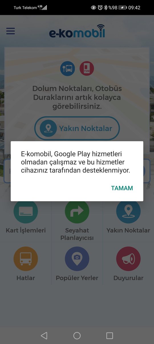 nkergon's tweet photo. E-Komobil uygulamanız sadece Android ve İos kullanıcıları için mi yapıldı? Huawei telefonlar desteklenmediği için konum çalışmıyor. Güncelleme yapılması gerekiyor. @kocaelibld @tahirbuyukakin https://t.co/ZzMqLP986t