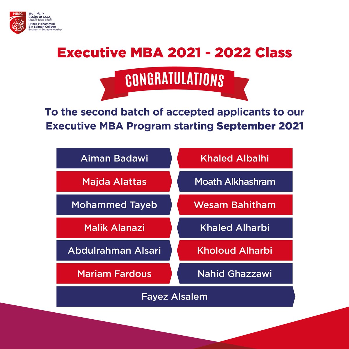 mbsckaec's tweet photo. We are pleased to announce the names of the 2nd batch of accepted applicants for our Executive #MBA Program.

Congratulations to the new pioneers. We’re looking forward to welcoming you to September 2021. https://t.co/h7g9JWdDOg