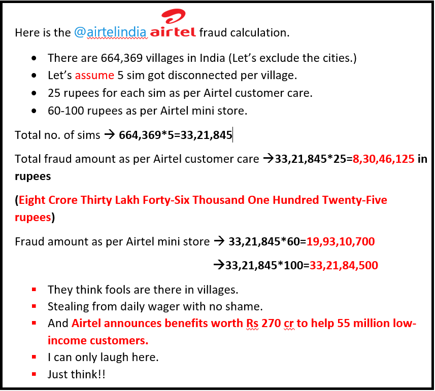 AsuAmeet's tweet photo. @Airtel_Presence Great Initiative, right??!!😡 Check out the tweet here... #Shame!!
https://t.co/h6d12ZMVOL https://t.co/6J1WDsa64W