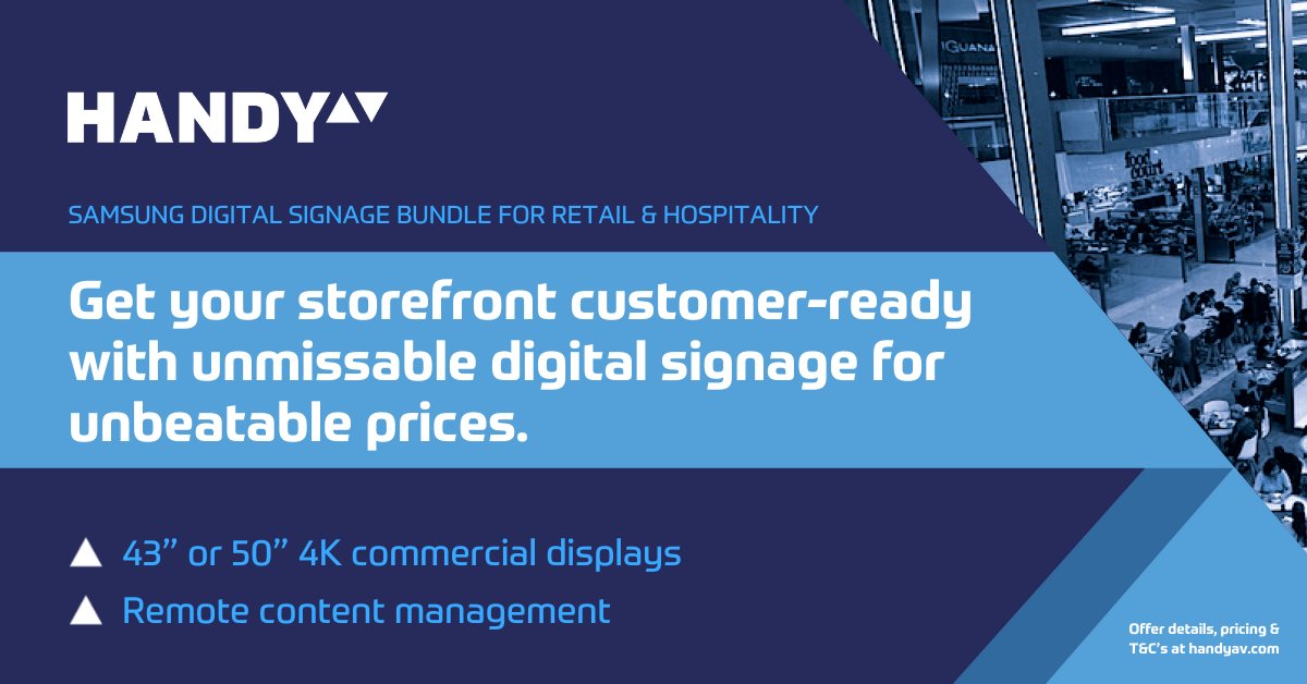 Attract customers back in-store with unmissable digital signage at unbeatable prices. 43” or 50” Samsung 4K resolution commercial display + bracket, installation and remote content management. More information about the digital signage bundle here: handyav.com/post/retail-an…