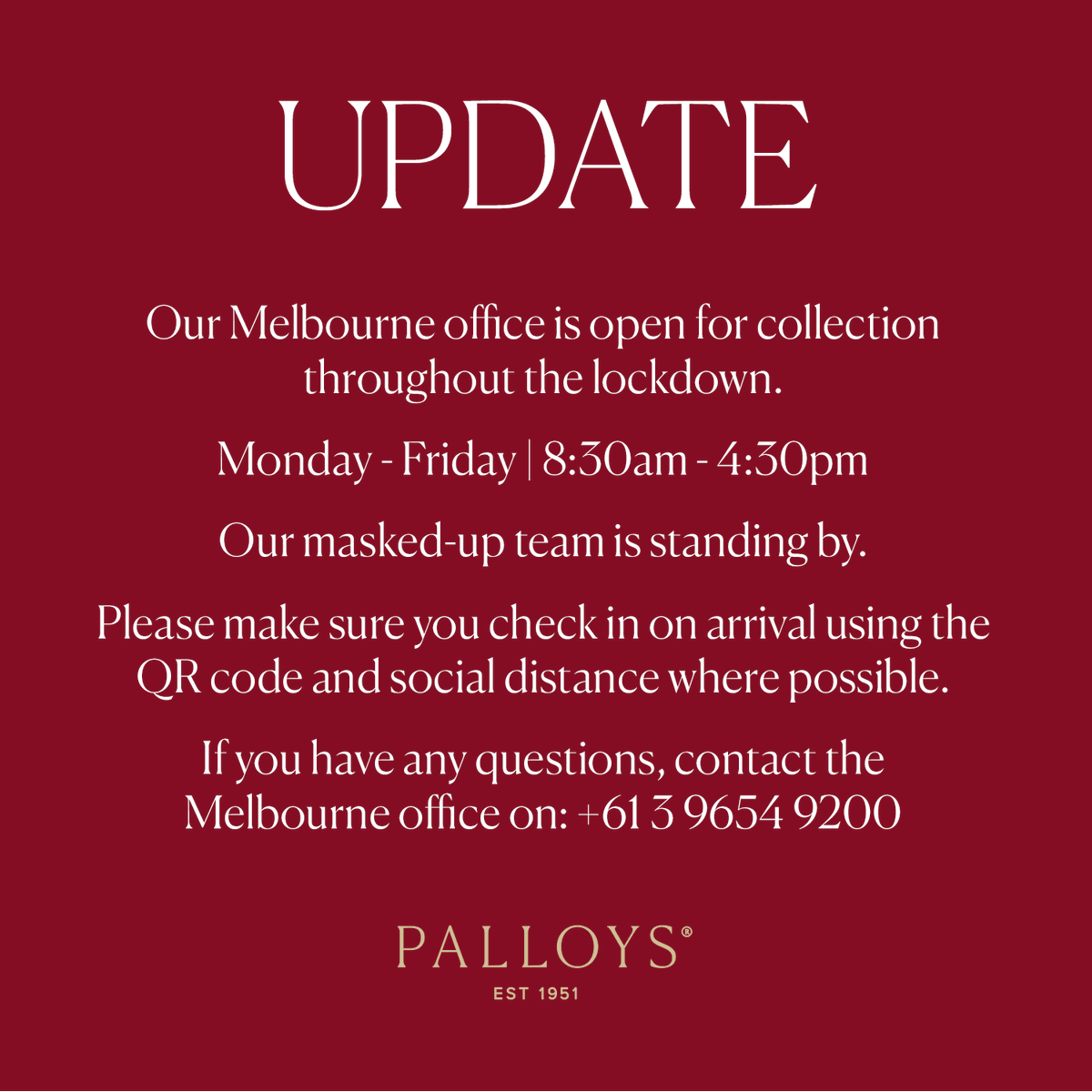 Palloysau's tweet photo. Business as usual for Palloys Melbourne.
Our Melbourne office is open for collection throughout the lockdown. Mon - Fri | 8:30am - 4:30pm
Our masked-up team is standing by. Please make sure you check in on arrival using the QR code and social distance.
Contact us on: 03 9654 9200 https://t.co/zhSOuPghAt