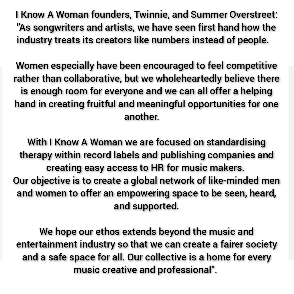 Our Vision Statement:

We are dedicated to opening doors for all female creatives, building a community of like-minded individuals, and raising vital funds for women's charities and foundations that support music professionals and their personal wellbeing around the world.

#IKAW