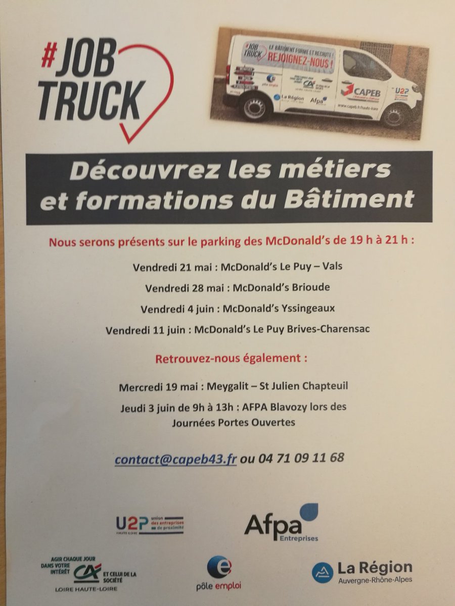 #TousMobilisés nous innovons avec notre #JobTruck pour trouver des candidats pour les métiers du bâtiment. Tournée de sourcing sur la Haute-Loire. #AvecPôleEmploi, et #Capeb43 
<a href="/desvaquet/">Gilles Desvaquet 🌍</a> <a href="/patrick32332545/">patrick FERRARI</a> <a href="/patrick_vassal/">Patrick VASSAL</a> <a href="/philippelecle43/">Philippe LECLERC</a>