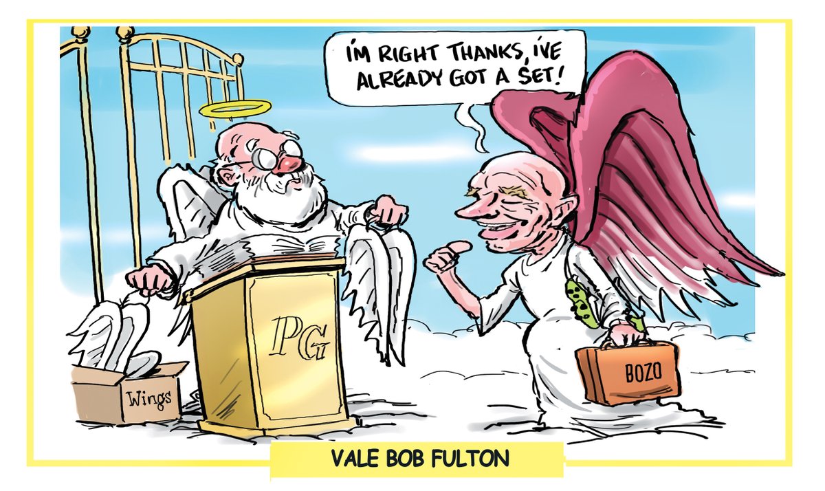 BooBaileyTele's tweet photo. They say that rugby's 'the game they play in heaven' ... well not anymore. #ripbozo my tribute toon for @telegraph_sport #bobfulton #nrl @SeaEagles @BuzzRothfield https://t.co/ZXSrxqe1it