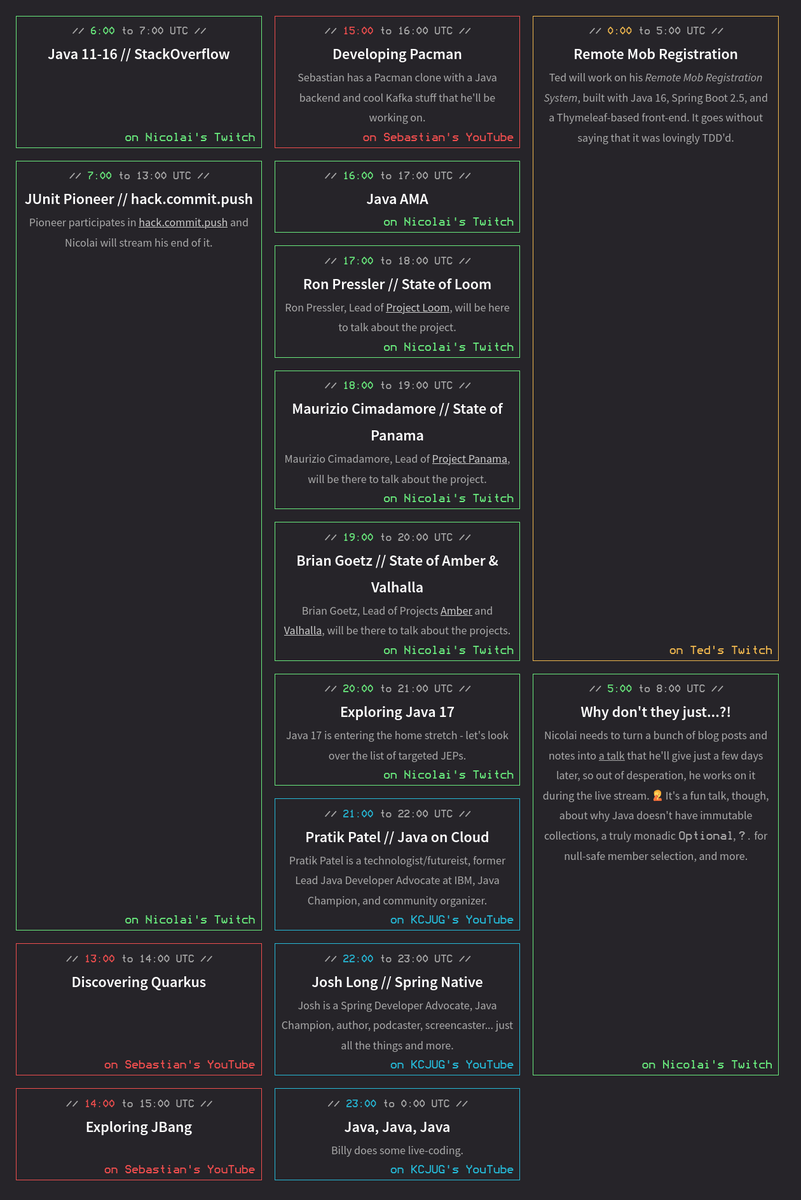 nipafx's tweet photo. The schedule for #26hJava is finalized! @sebi2706, @BillyKorando, @jitterted, and I will see you on Saturday and Sunday.

I'll kick it off at 0600 UTC on my Twitch with some StackOverflow questions to warm up:

https://t.co/apB7IQpMAW https://t.co/3z7bYxBjNS