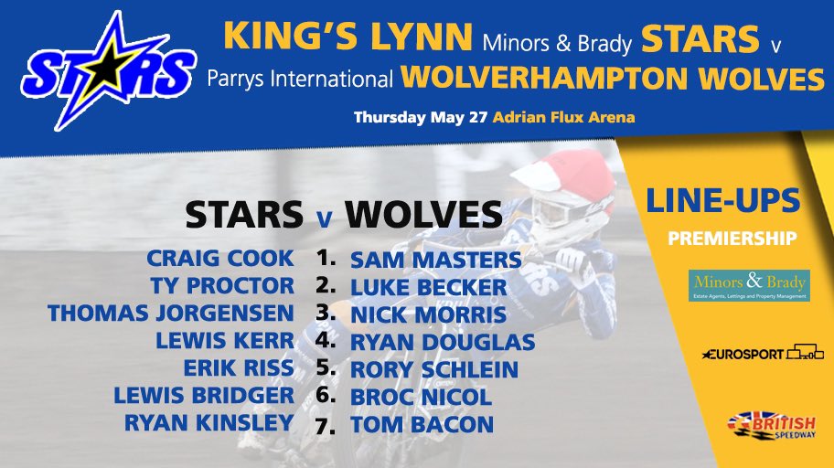 ✅ @MinorsandBrady Stars unchanged.
🐺 <a href="/WolvesSpeedway/">Wolves Speedway</a> at full strength.

We’re all set for a huge night of racing here at the <a href="/AdrianFluxArena/">Adrian Flux Arena</a>... 👀⭐️

#️⃣ #ourstars | #britishspeedway