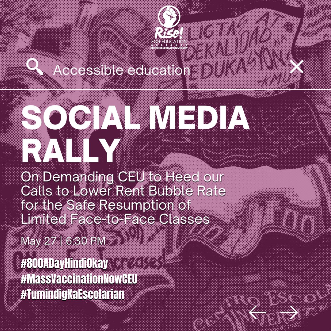 R4ECEU's tweet photo. ON DEMANDING CEU to Heed our Calls to Lower Rent Bubble Rate for the Safe Resumption of Limited Face-to-Face Classes.

Join the Social Media Rally | May 27, 6:30 PM

#800ADayHindiOkay 
#MassVaccinationNowCEU
#TumindigkaEscolarian https://t.co/GhLTWv71By
