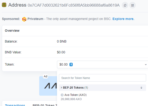 TokenAxo's tweet photo. @matias6456 Hi @matias6456 sorry for the inconvenience. However, this is the address you sent us: 0x7CAF7d0032621b6Fc856f8A5bb96688af6a8619A
When we check this address on BscScan, we can clearly see a deposit of 20.000.000 AXO tokens. https://t.co/ZVeZAUcsY3