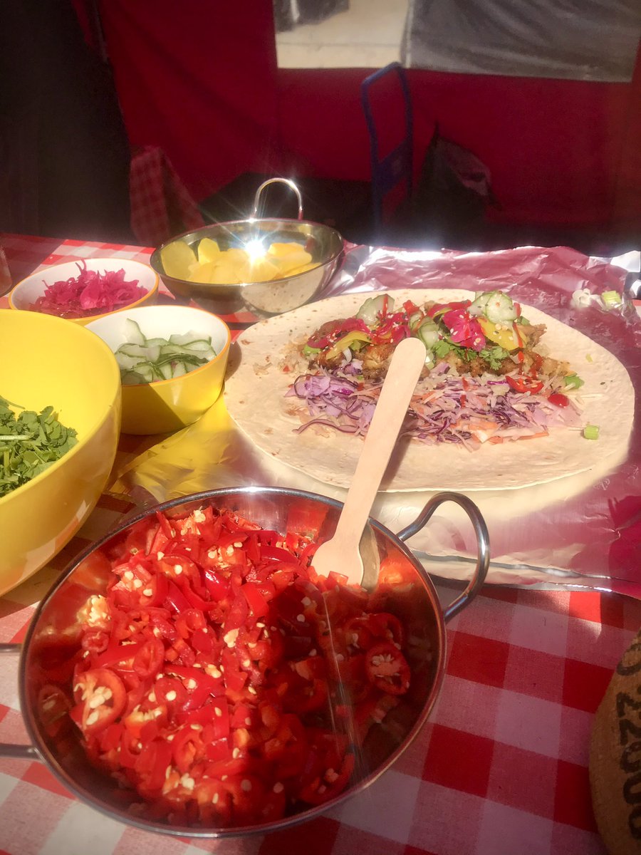 Add all the colour you want to our burrito, or you can go Greggs and have it as beige as you like, you decide. 

We are at Hammersmith Lyric for lunch tomorrow then on to @queensparklates in the evening for gin, beer  and streetfood, no umbrellas required