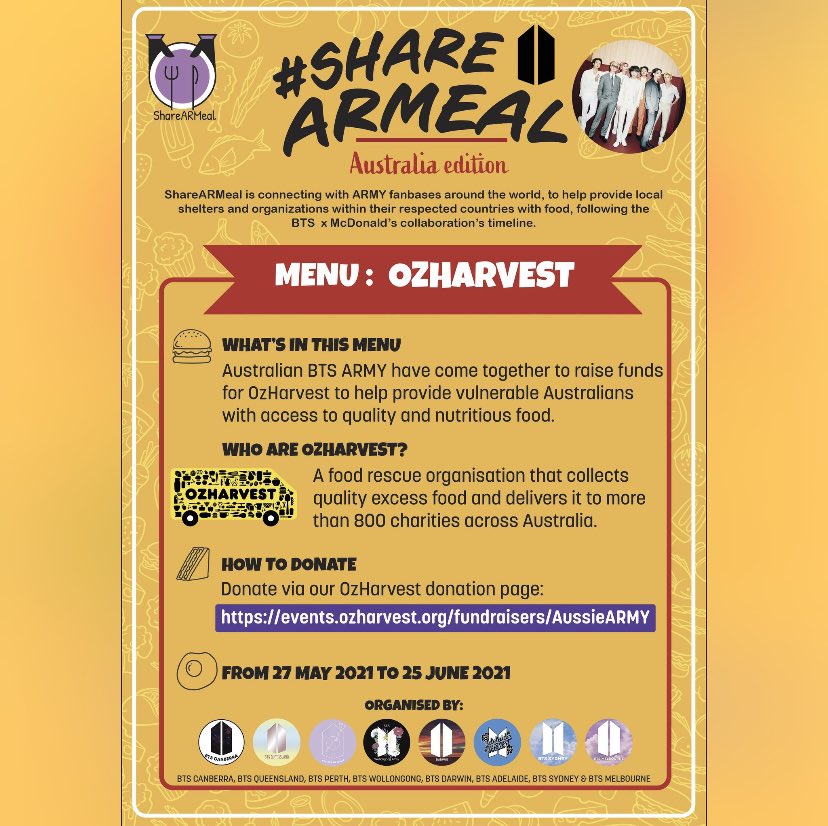 bts_adelaide's tweet photo. The @sharearmeal global campaign is officially under way! 

We're raising money for @OzHarvest! Every $1 donated provides two meals to people in need.

Donate or share our fundraising page: https://t.co/PvXcWiilCT…

#ShareARMeal #BTS  #BTSxMcDonalds #BTSxMaccas https://t.co/5Xd5ZCsl0y