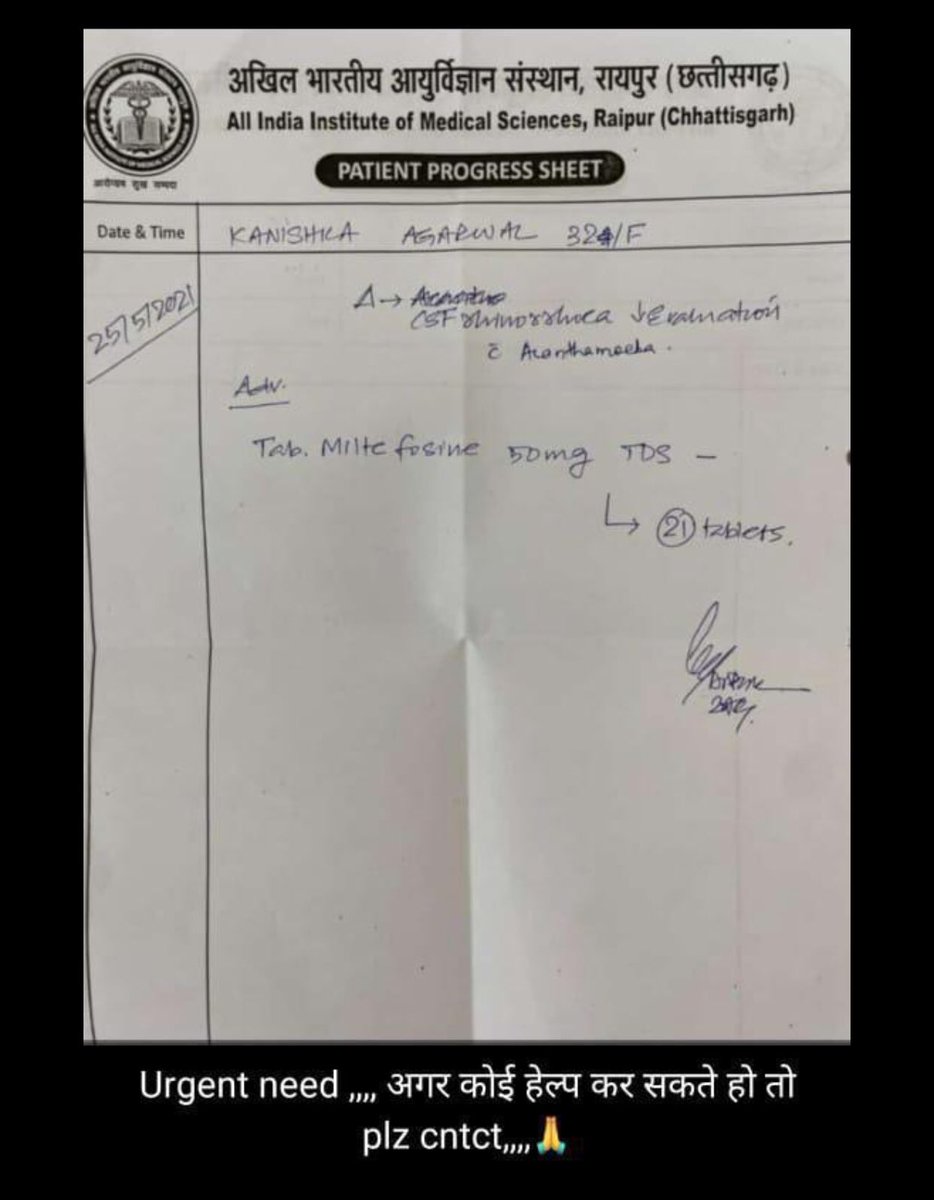 nalinranjan's tweet photo. @aiims_rpr  @AwanishSharan @PIBRaipur @deoraipur Request for help..Urgently  required Miltefosine medicine.. Patient Name: Kanishka Agrawal
Hospital: AIIMS Raipur
Attendant Name: Smita
Attendant Phone number: +91 96692 20008 @MediBuddyapp @Practo https://t.co/Y5loQjYygt