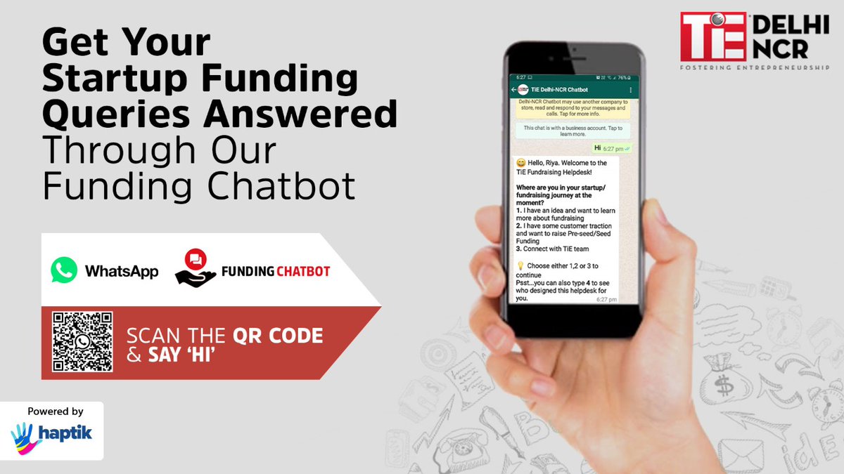 TiEDelhi's tweet image. Have questions about #Funding your #startup?

We are here to help you with the answers!🖐️

Presenting to you the first-ever TiE Funding Chatbot 📲

Scan the QR Code or Click on the link and text &quot;Hi&quot; 💬 to experience our WhatsApp Funding Chatbot- bit.ly/TiEchatBot