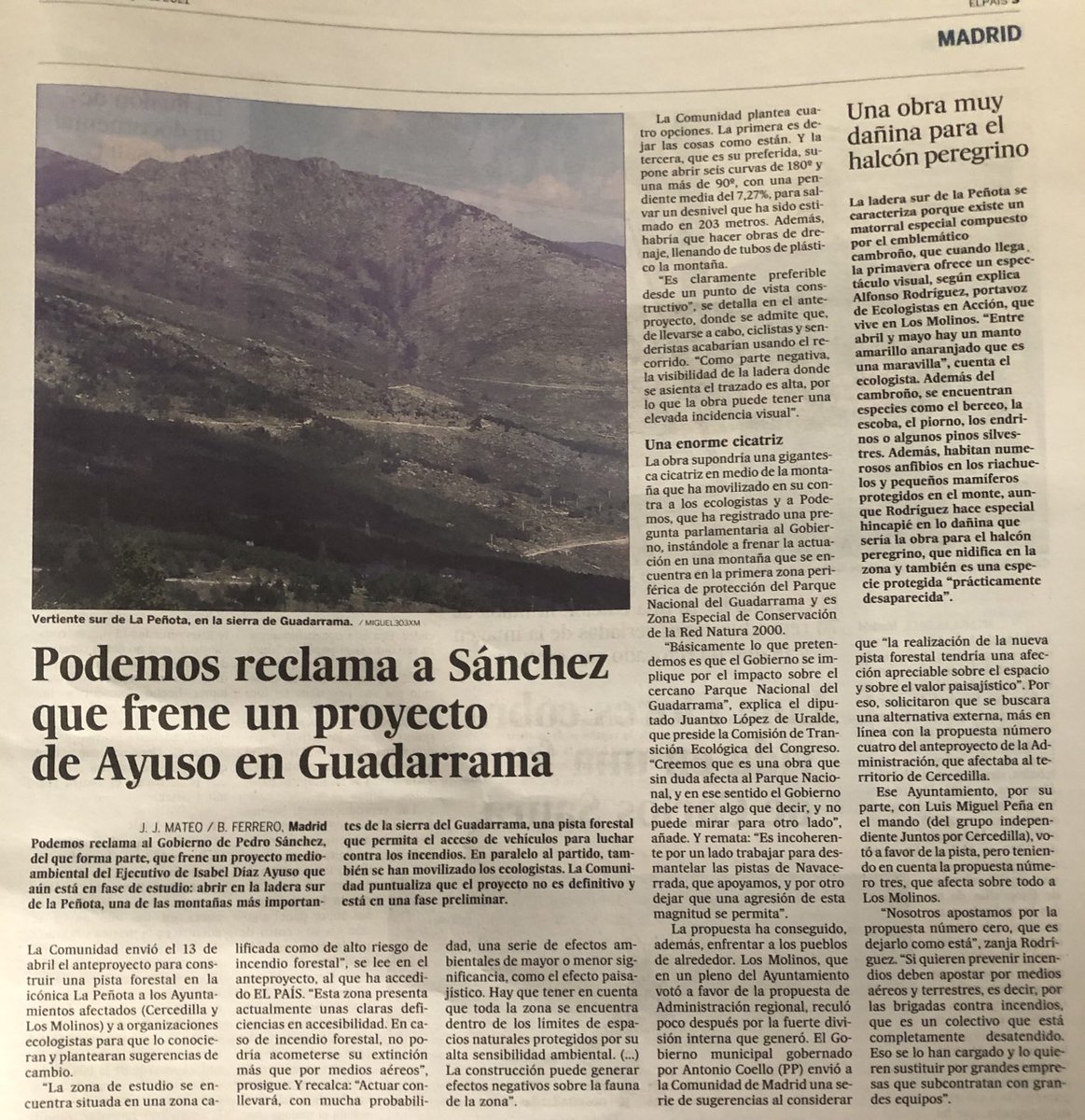 juralde's tweet photo. Ayuso se plantea ahora destruir la sierra de Guadarrama construyendo una macropista para vehículos en la ladera sur de la Peñota. Desde Unidas Podemos denunciamos este proyecto y planteamos que no debe seguir adelante. https://t.co/zCRKQb3BQ8