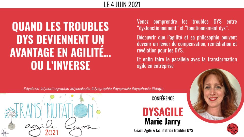 [Oratrice du jour] Nous sommes très heureux de recevoir @MarieJarry à Agile Lyon 2021 pour une conférence sur "Quand les troubles Dys deviennent un avantage en agilité ... ou l'inverse"

RDV tout à l'heure pour l'annonce d'un nouveau lieu !
#AgileLyon2021 #conference #lyon #Agile